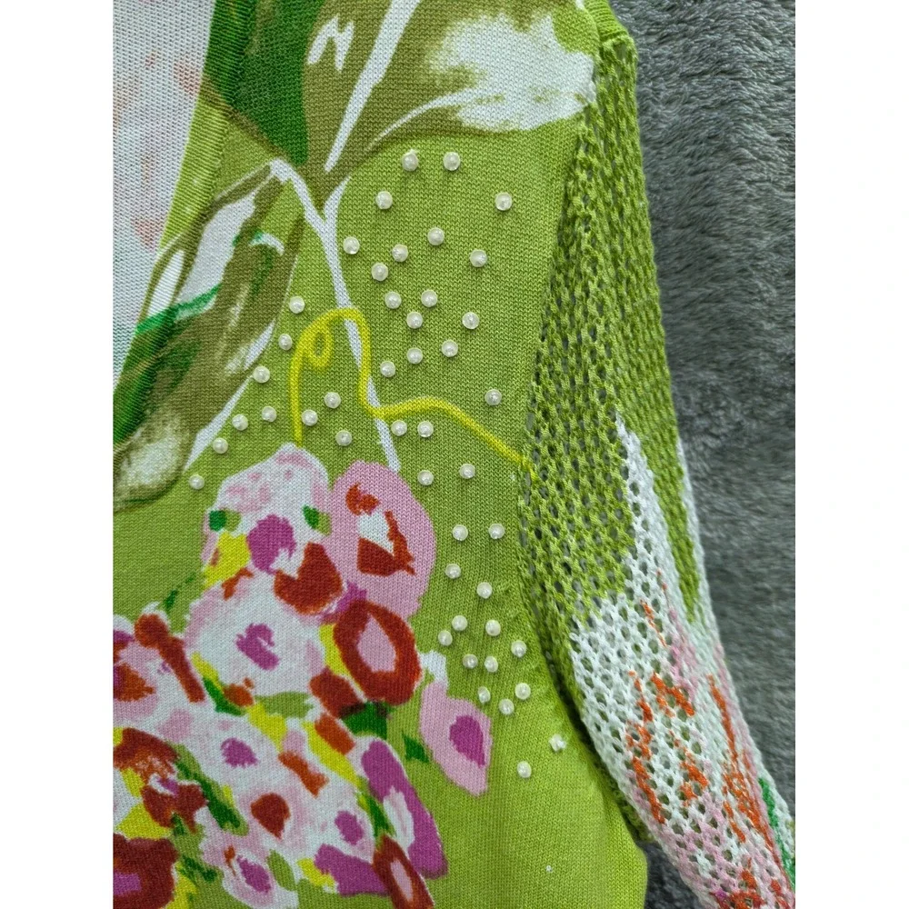 Floral Sweater Womens Medium Knit‎ Mesh Sleeve Beaded Grannycore Cottagecore